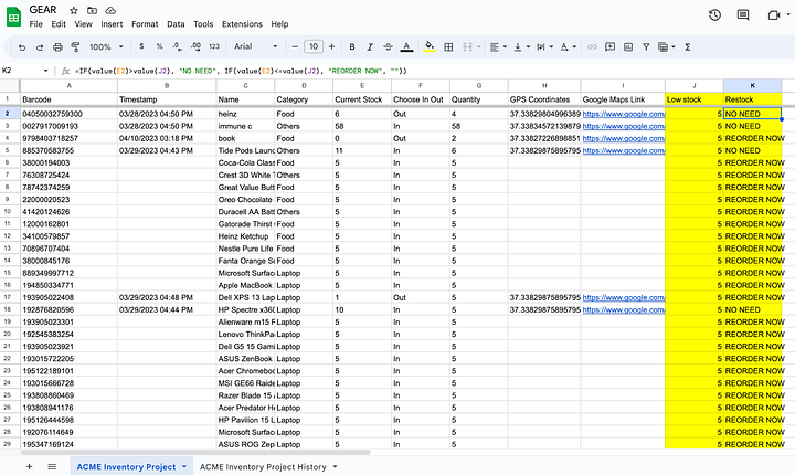 Spreadsheet Synced with GEAR App: Notice that the column is similar to the above master sheet. Also, please check the functions/formulas for restocking