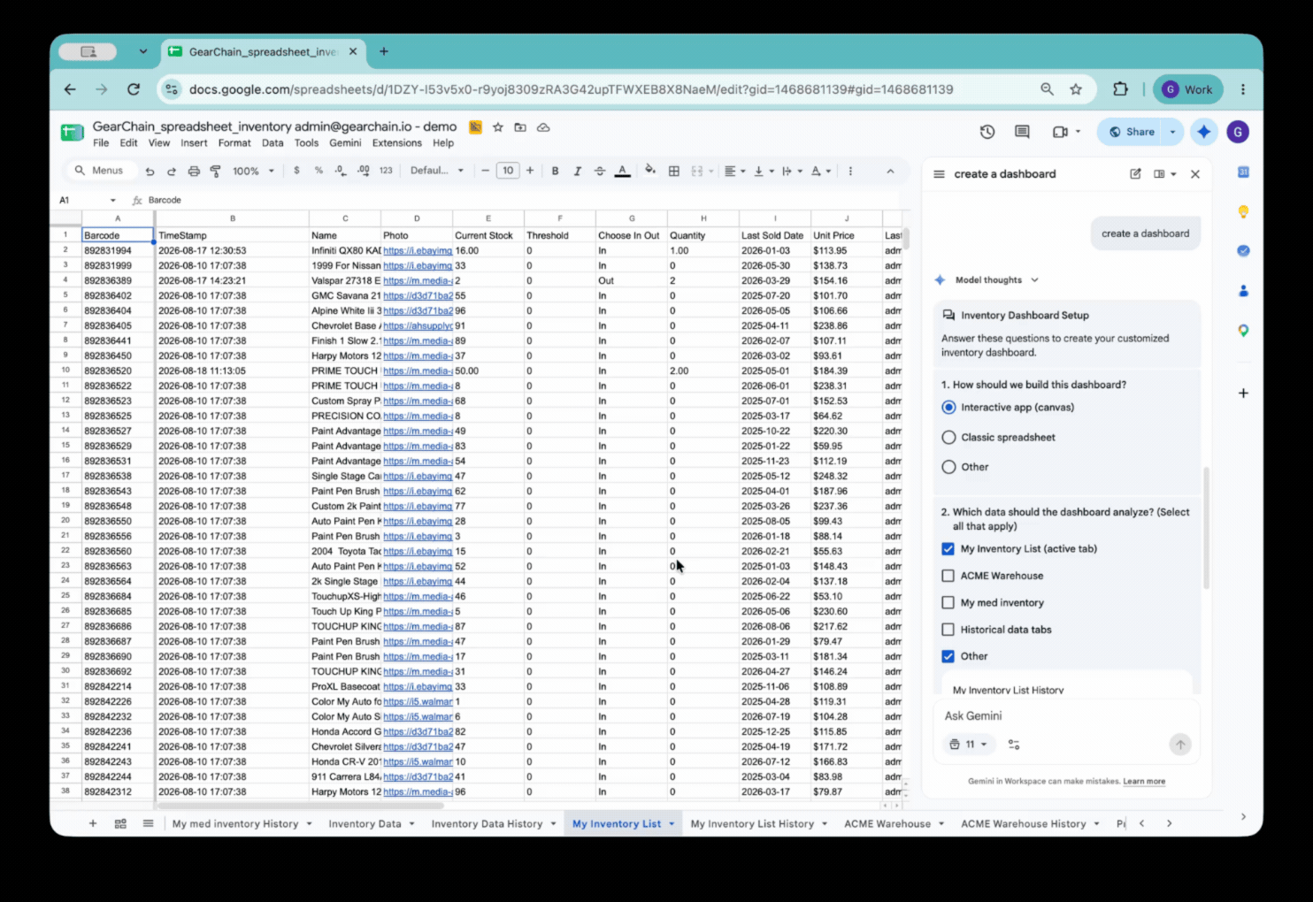 Creating an inventory dashboard from GearChain data using Gemini in Google Sheets Canvas