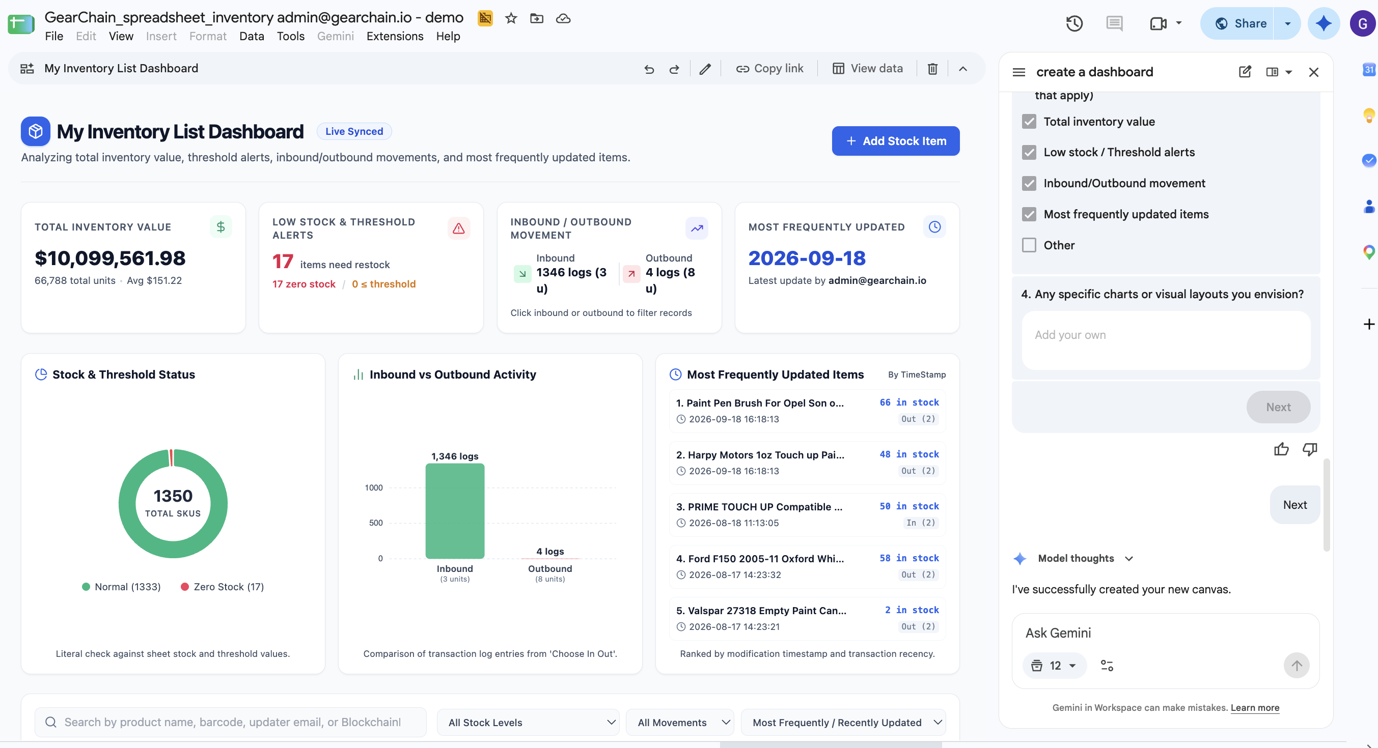 AI-powered GearChain inventory dashboard built with Google Sheets Canvas